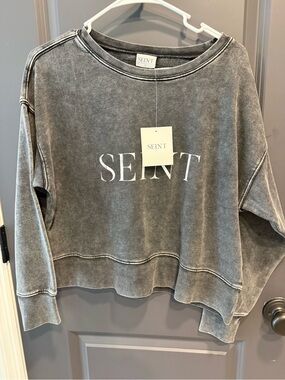 SEINT Washed Gray Crewneck Logo Sweater